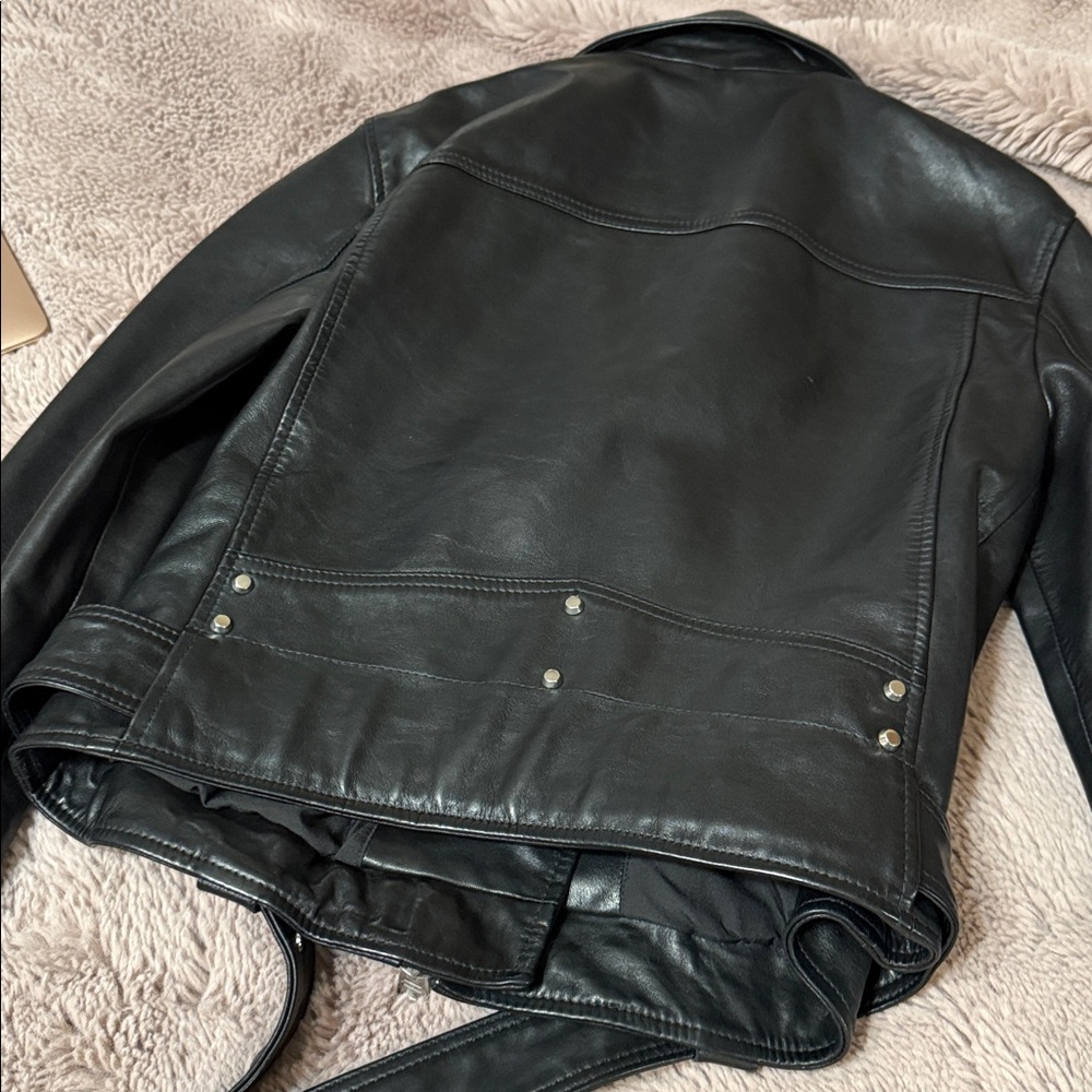 All Saints Black Leather Moto Jacket women’s size small - Picture 9 of 13